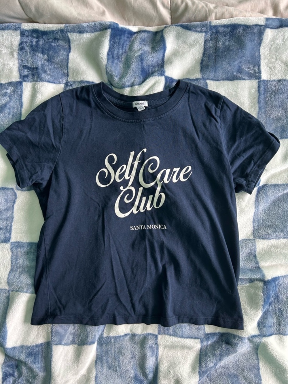 Garage Navy Tee with White "Self Care Club" Script
